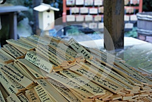 Wooden tables with prays, Arashiyama, Kyoto, Japan