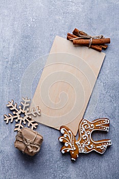 A wooden tablet around her objects on a stone background