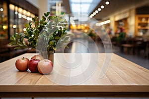 A Wooden Tabletop Against Backdrop Of Modern Shopping Mall Blank Surface