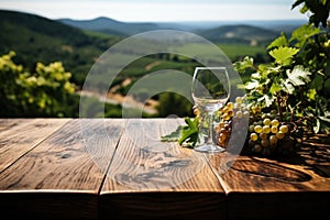 A Wooden Tabletop Against Backdrop Of Picturesque Vineyard Blank Surface