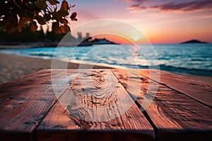 A Wooden Tabletop Against Backdrop Of Tranquil Sunset Beach Blank Surface