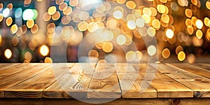 A wooden tabletop with a blurred background of bokeh lights, ideal for showcasing products or creating a warm and inviting photo