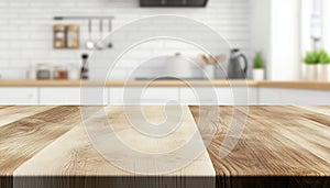 Wooden Tabletop With A Blurred Background Of A Kitchen