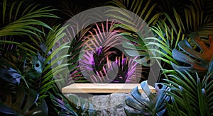 Wooden tabletop on a boulder placed among an exotic jungle. Podium platform for product presentation. Summertime background.
