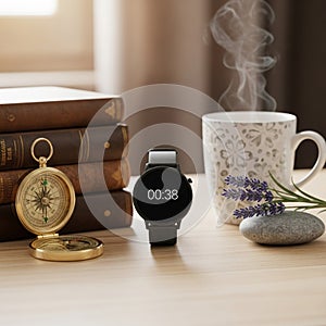 A wooden tabletop displaying a stack