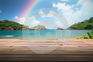 Wooden tabletop framed by a tropical beach and sea rainbow