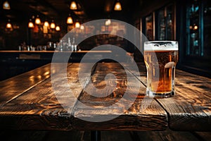A Wooden Tabletop With Glass Of Beer Against Backdrop Of Vintage Pub Blank Surface