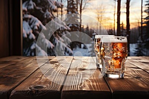 A Wooden Tabletop With Glass Of Beer Against Backdrop Of Winter Lodge Blank Surface photo