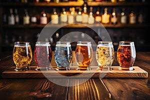 A Wooden Tabletop With Glass Of Beer Backdrop Of Stylish Beer Flight Tasting Room