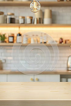 Wooden tabletop with kitchen background for product display mockup and montage purposes