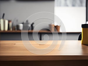 A Wooden Tabletop Mockup for Product Display or Montage with Blurred Kitchen Background for Visual Layout.