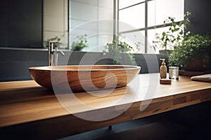 Wooden tabletop for product display with blurred bathroom interior featuring bathtub and minimalist design