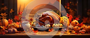 On a wooden tabletop roast Turkey decorations of autumn leaves pumpkins garlic., banner with space for your own content. Dark