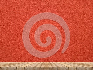 Wooden tabletop at tropical red cloth texture wall,Template mock