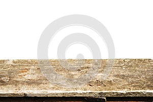 Wooden tabletop on white background. Empty rustic wood table