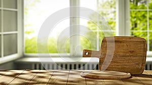 Wooden tabletop with window home interior background. Space for your decoration or advertising product.