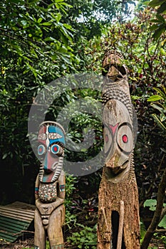 Wooden tam tams or split gongs sculpted out of tree trunks representative of the local men. Fanla village,Ambrym island, Malampa p