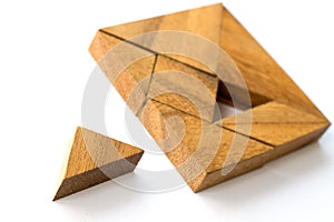 Wooden tangram puzzle in square shape wait for fulfill on white