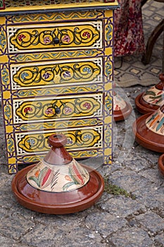 Wooden tea table and Tajine earthware