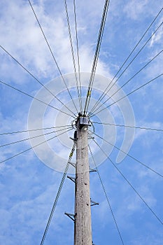 Wooden telegraph pole with telephone and fibre optic lines radiating out from the top. photo