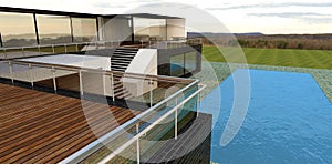 Wooden terrace of amazing high tech house. Big blue water swimming pool. Green field around. 3d render.
