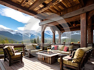 wooden terrace with chairs and tables in the background