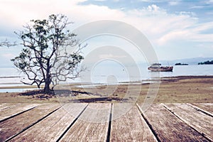Wooden terrace with defocus the beach tree and old wooden ship background, vintage tone