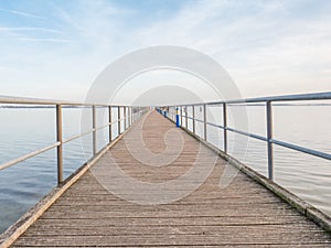 Wooden terrace mole or pier in Dranske. Wooden dock pier.  Baltic Sea