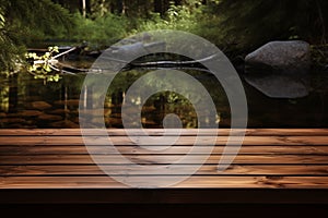 Wooden terrace nearly peaceful pond. Generative AI