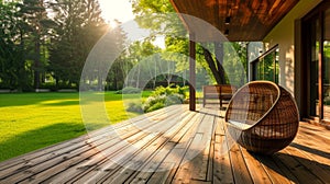 A wooden terrace overlooking a morning garden view