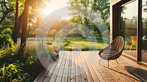 A wooden terrace overlooking a morning garden view