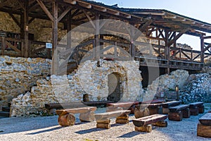 Wooden terrace for relaxing and sitting at Cachtice Castle