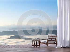 Wooden terrace with sea of fog view 3d render photo