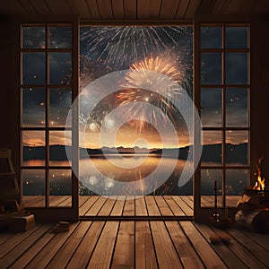 Wooden terrace and view of fireworks show over the river at sunset. New Year\'s party and celebra