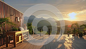 Wooden terrace with view of the mountains at sunset. Generated AI