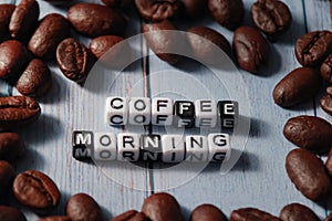 wooden texture background with coffee beans ornament