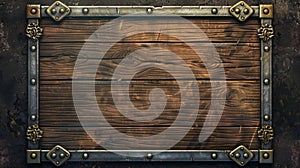 Wooden texture fantasy game sign board with icon design. Wood plank panel on dark background. Menu element isolated on