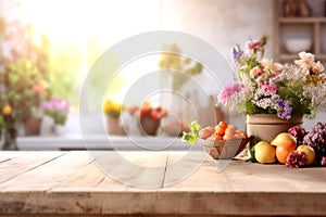 Wooden texture table top on blurred white rustic kitchen interior background. Epmty template for product display.