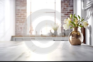 Wooden texture table top on blurred white rustic kitchen interior background. Epmty template for product display.