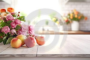 Wooden texture table top on blurred white rustic kitchen interior background. Epmty template for product display.