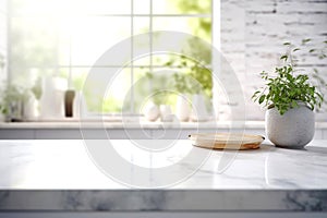 Wooden texture table top on blurred white rustic kitchen interior background. Epmty template for product display.