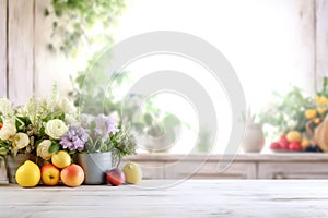 Wooden texture table top on blurred white rustic kitchen interior background. Epmty template for product display.