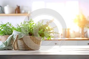 Wooden texture table top on blurred white rustic kitchen interior background. Epmty template for product display.