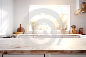 Wooden texture table top on blurred white rustic kitchen interior background. Epmty template for product display.