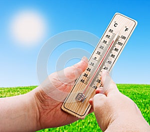 Wooden thermometer in hand