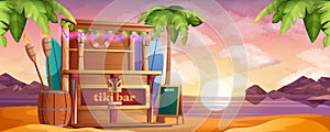 Wooden tiki bar on on sea beach at sunset in cartoon style