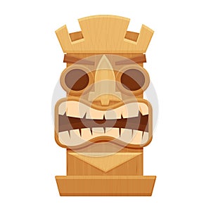 Wooden tiki mask, hawaiian symbol in cartoon style, textured and detailed isolated on white background stock vector illustration.