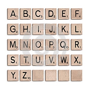 Wooden tiles alphabet 3d realistic letters. Vector illustration.