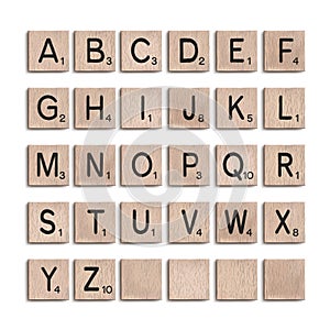 Wooden tiles alphabet 3d realistic letters. Vector illustration. photo