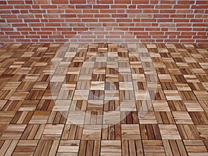 Wooden tiles, weatherproof, in front of a brick wall on the floor of the terrace of a residential building